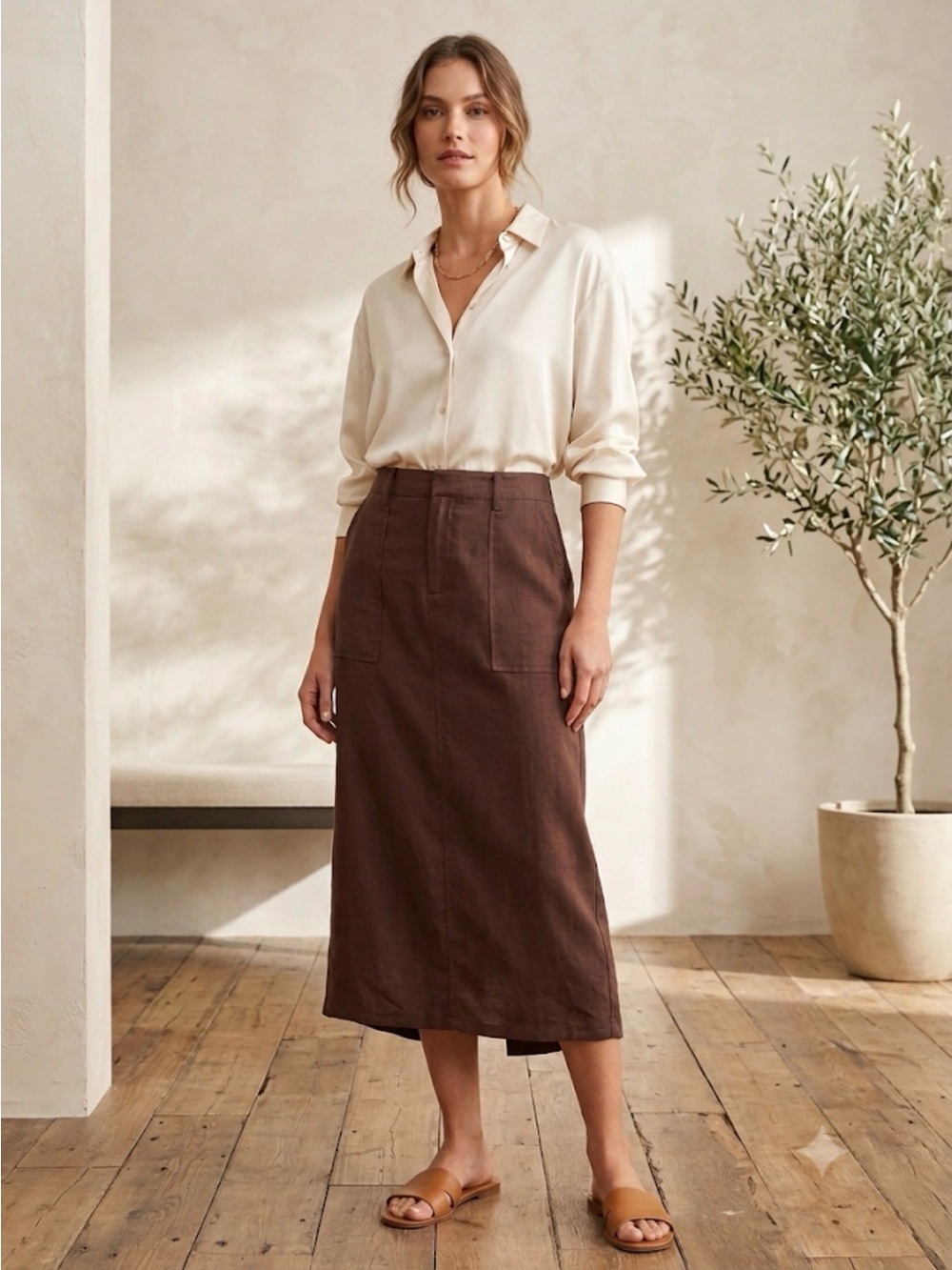 NWT Le Lia Le Alanis Linen BLEnd Midi Brown Skirt , size Small